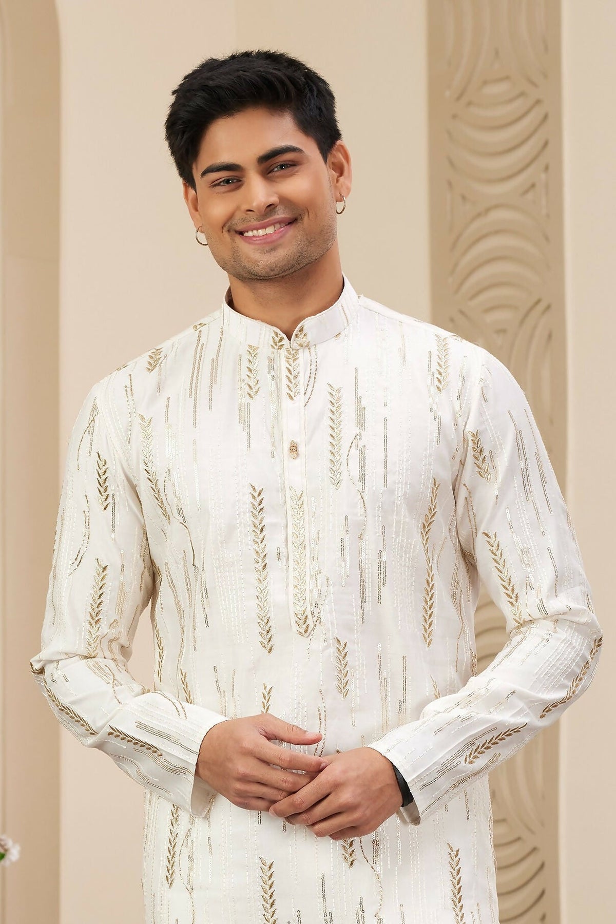 Raivat Ethnic Men's Art Silk Thread Work Kurta Pyjama In Cream Colour | Grocsy