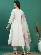 Sangria White Floral Embroidered Mirror Work Angarakha Kurta With Trousers & Dupatta | Grocsy