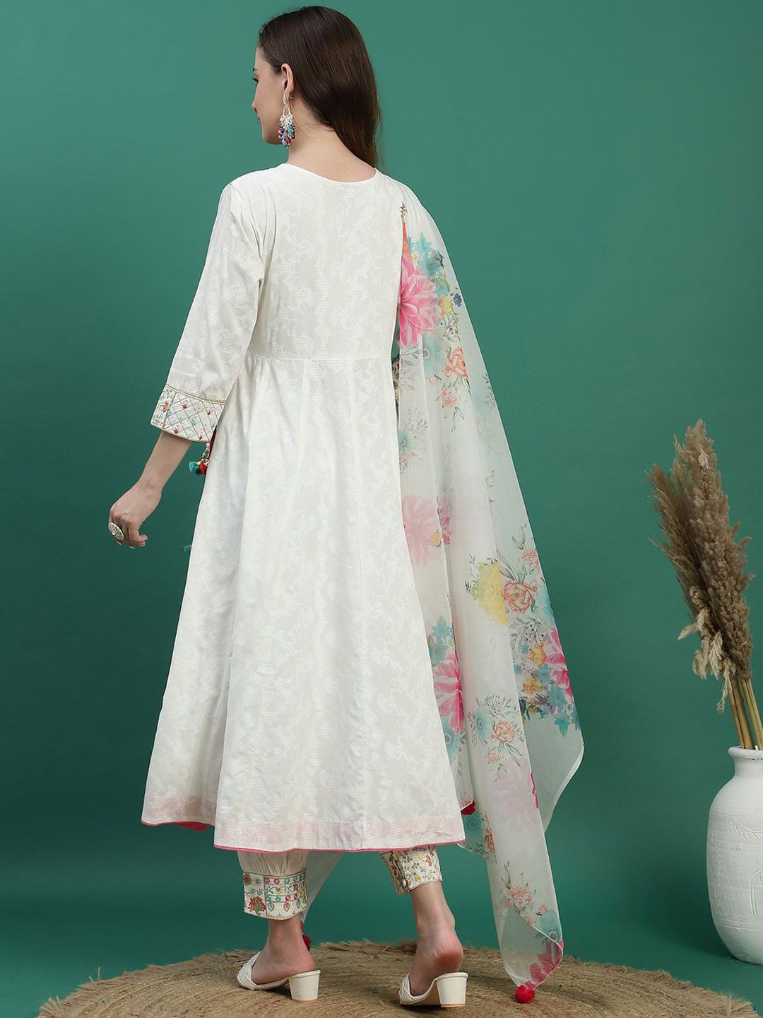 Sangria White Floral Embroidered Mirror Work Angarakha Kurta With Trousers & Dupatta | Grocsy