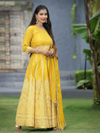 Juniper Mustard Bandhani Printed Shantoon Slub Lehenga Choli & Net Dupatta Set. | Grocsy