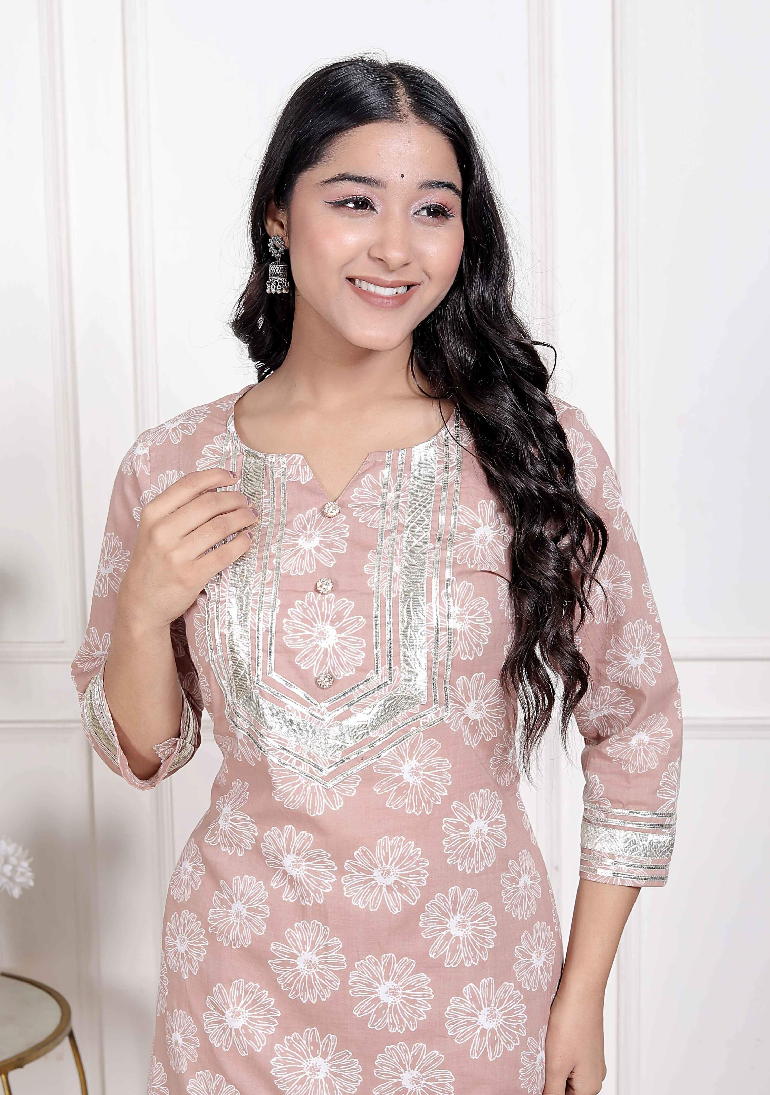 Miravan Women Brown Floral Printed Straight Ethnic Kurta with Palazzo | Grocsy