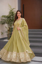 Teeya Creation Olive Color Crunchy Silk Wedding Wear Embroidery Work Long Gown | Grocsy