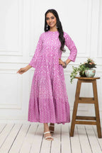 Myshka Women Pink Floral Cotton A-Line Mandarin Collar Long Dress | Grocsy