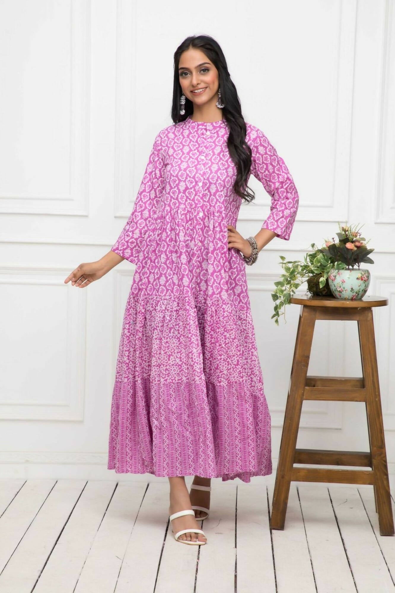 Myshka Women Pink Floral Cotton A-Line Mandarin Collar Long Dress | Grocsy