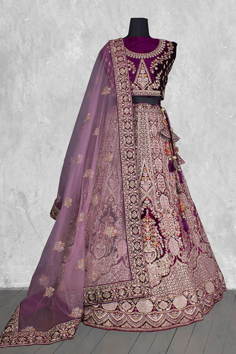 Purple Velvet Thread with Hand Work Semi Stitched Lehenga Choli with Dupatta - Nimaya Lagnotsav | Grocsy