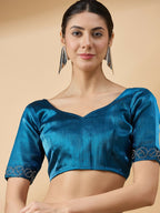 Teal Organza Swaroski Diamond Work Saree with Unstitched Blouse - Radha | Grocsy