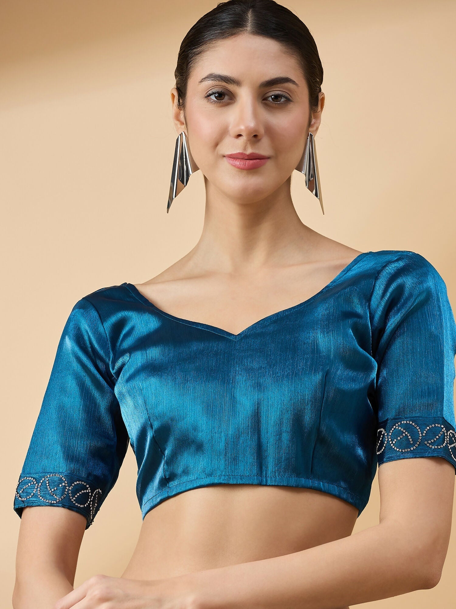 Teal Organza Swaroski Diamond Work Saree with Unstitched Blouse - Radha | Grocsy
