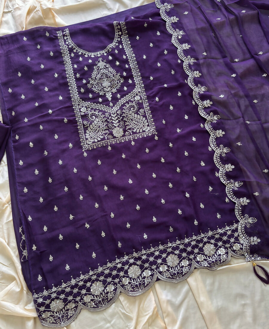 KC Purple Wedding Wear Embroidered Crush Silk Salwar Suit | Grocsy