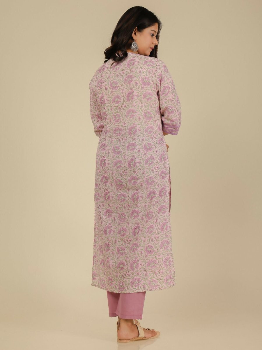 Aramya Pink Soft Cotton Floral Print Straight Kurta Pant Set for Women | Grocsy