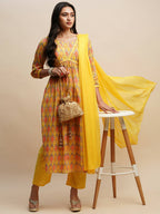 Yellow Pure Cotton Bandhani Printed Naira Cut Kurta And Bottom With Dupatta - Akashara | Grocsy