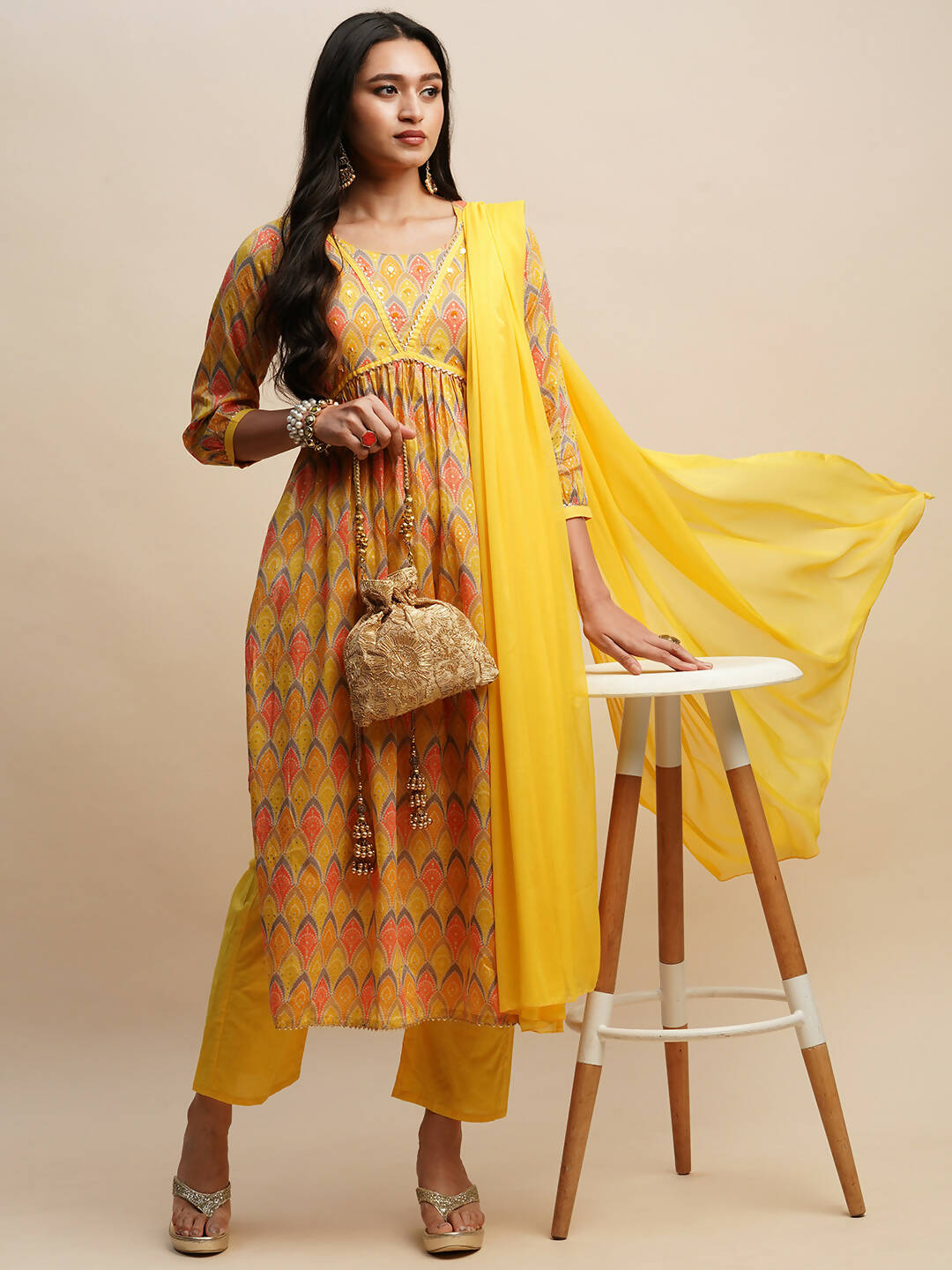 Yellow Pure Cotton Bandhani Printed Naira Cut Kurta And Bottom With Dupatta - Akashara | Grocsy