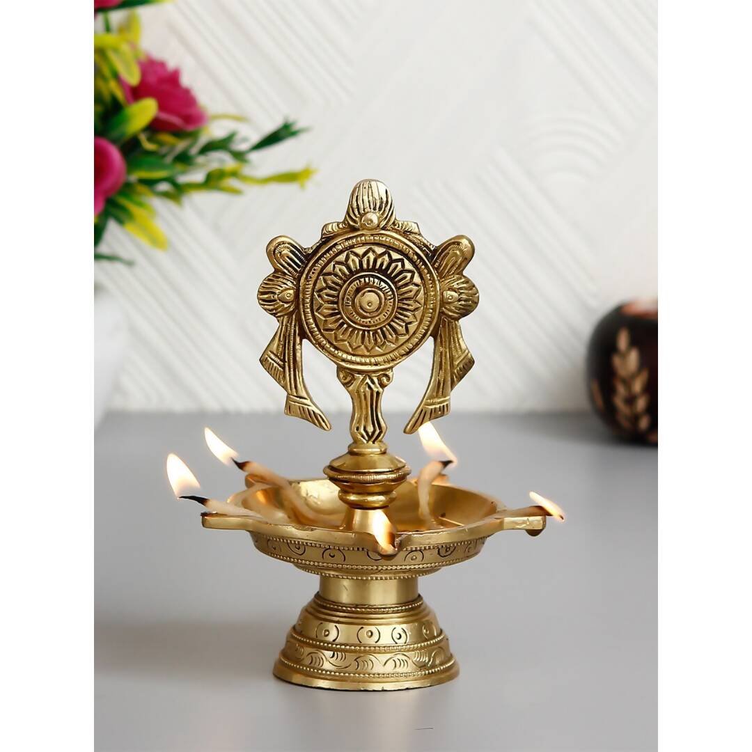 eCraftIndia Gold-Toned Chakra Handcrafted Brass Diya With 5 wicks | Grocsy