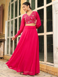 Janasya Pink Georgette Embroidered Top & Skirt | Grocsy