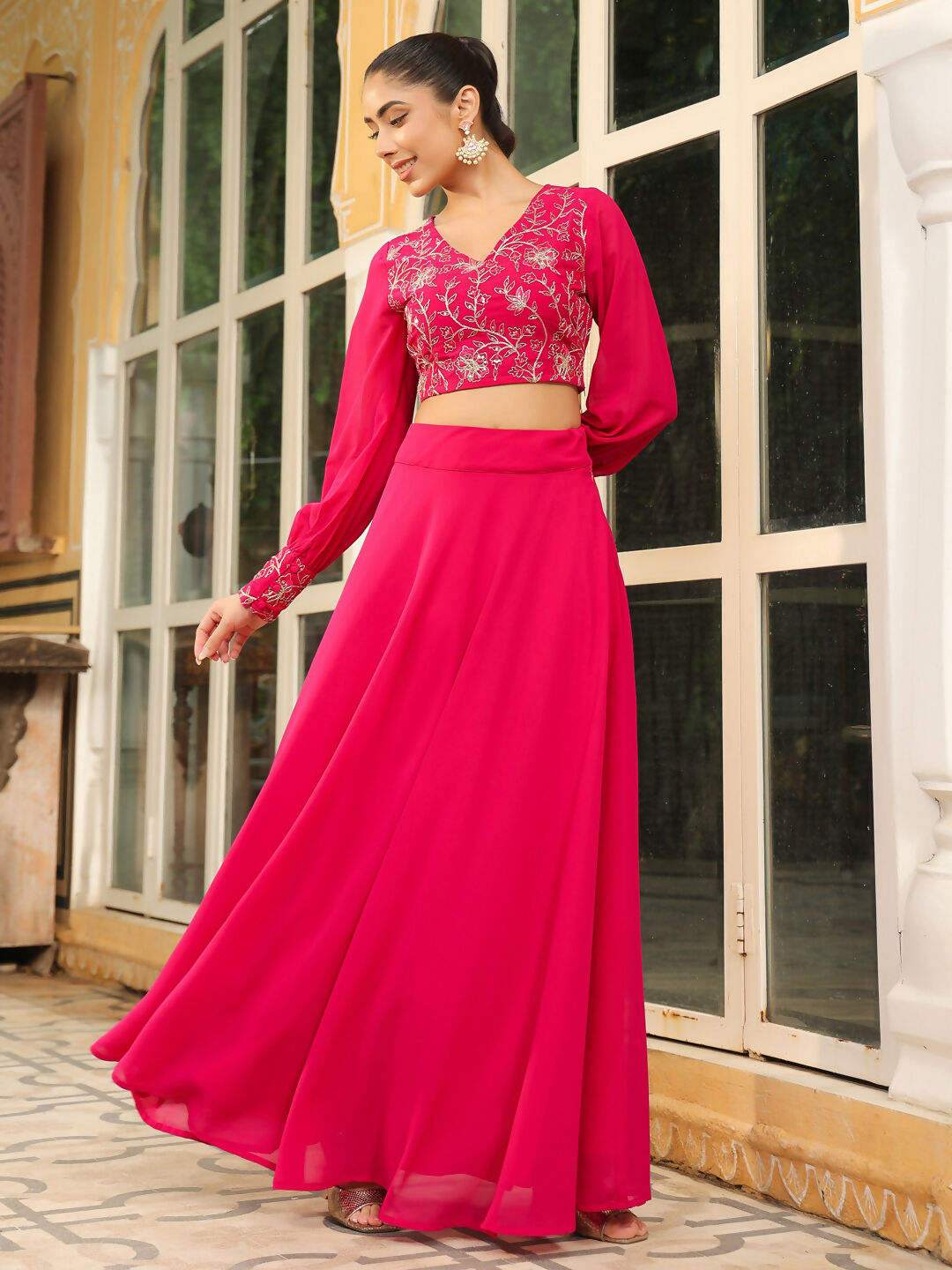 Janasya Pink Georgette Embroidered Top & Skirt | Grocsy