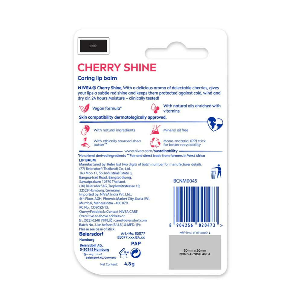 Nivea Cherry Shine Lip Balm 24 H Melt in Moisture Formula Glossy Finish | Grocsy