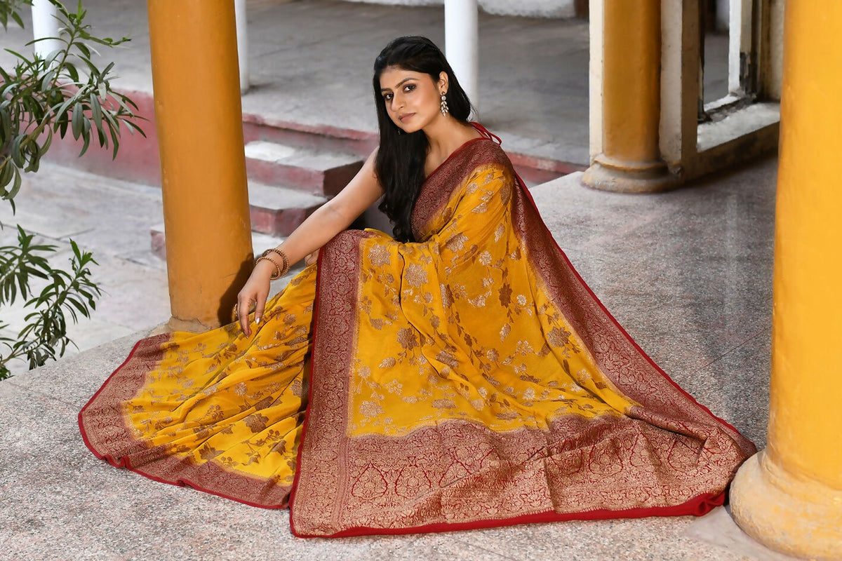 Joban Fashion Yellow Crepe Chiffon Pure Handloom Banarasi Silk Saree | Grocsy