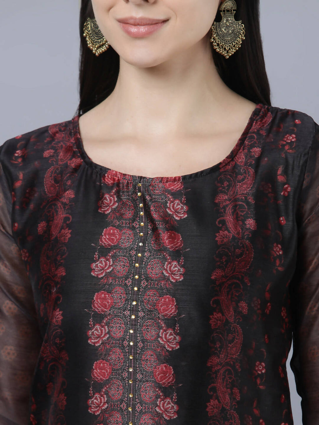 Myshka Women Black Red Floral Printed Chanderi Silk Kurta | Grocsy