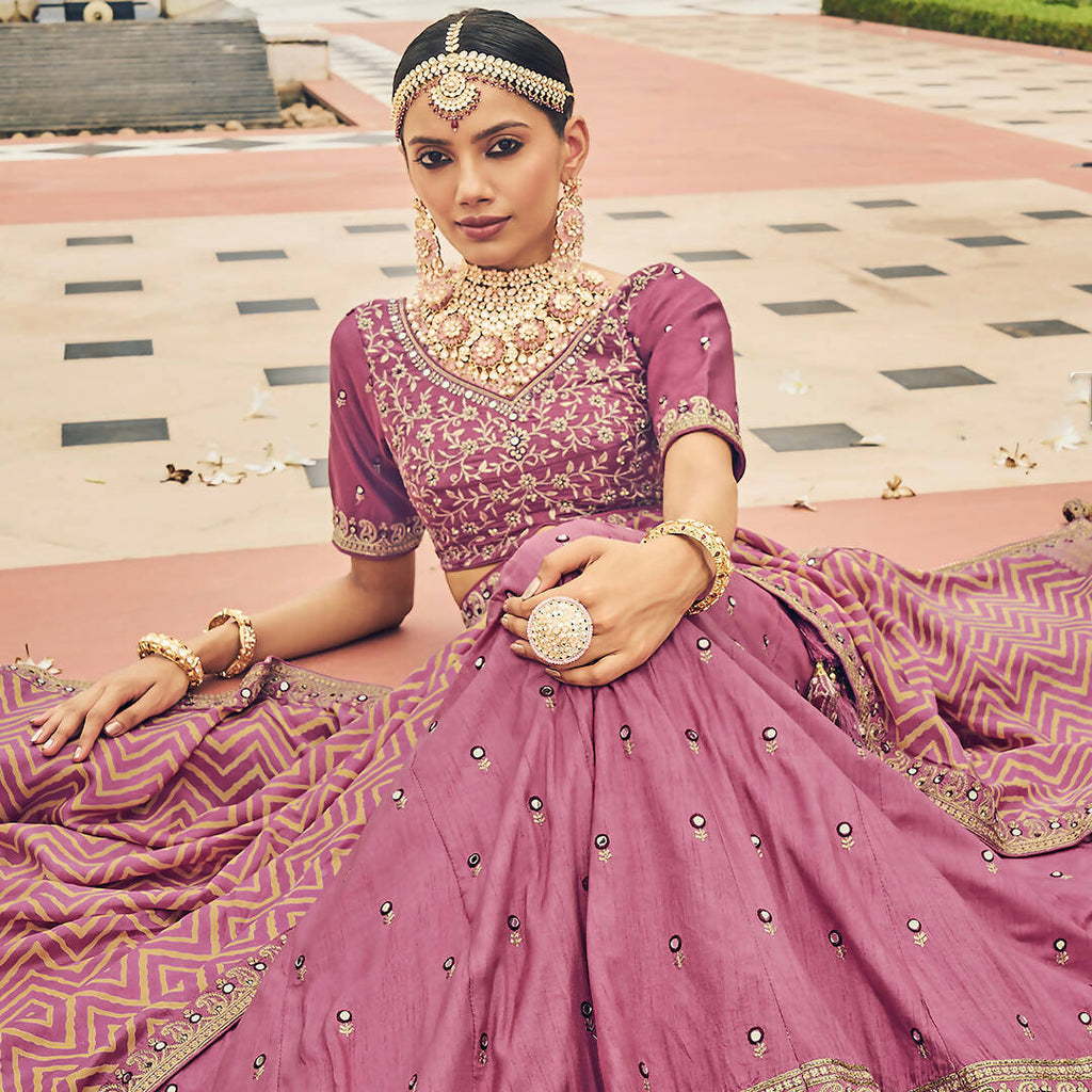 Onion Pink Heavy Viscose Khatli, Embroidery & Mirror Work Unstitched Lehenga Choli - Sisha Keshav | Grocsy