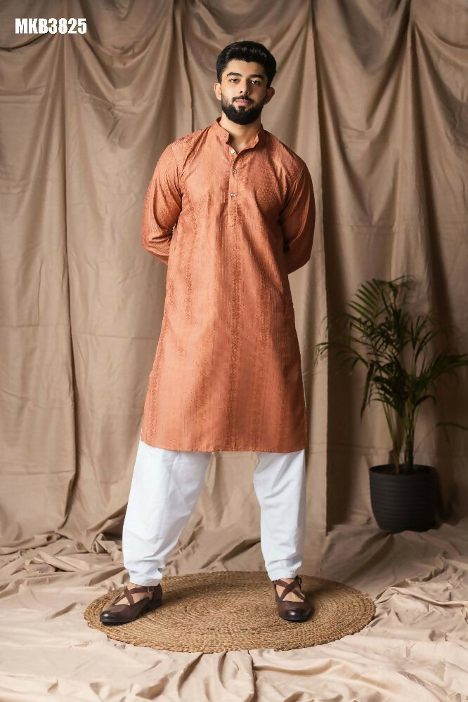 Reddish Orange Rayon Thread Embroidery Work Kurta Set - Mahotsav | Grocsy