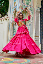 Teeya Creation Womens New Stylish Heavy Gamthi Work With Mirror Lace Work Pink Gown Set | Grocsy