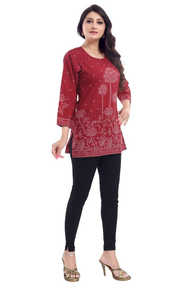 Snehal Creations Maroon Faux Crepe Printed Short Kurti Tunic Top | Grocsy