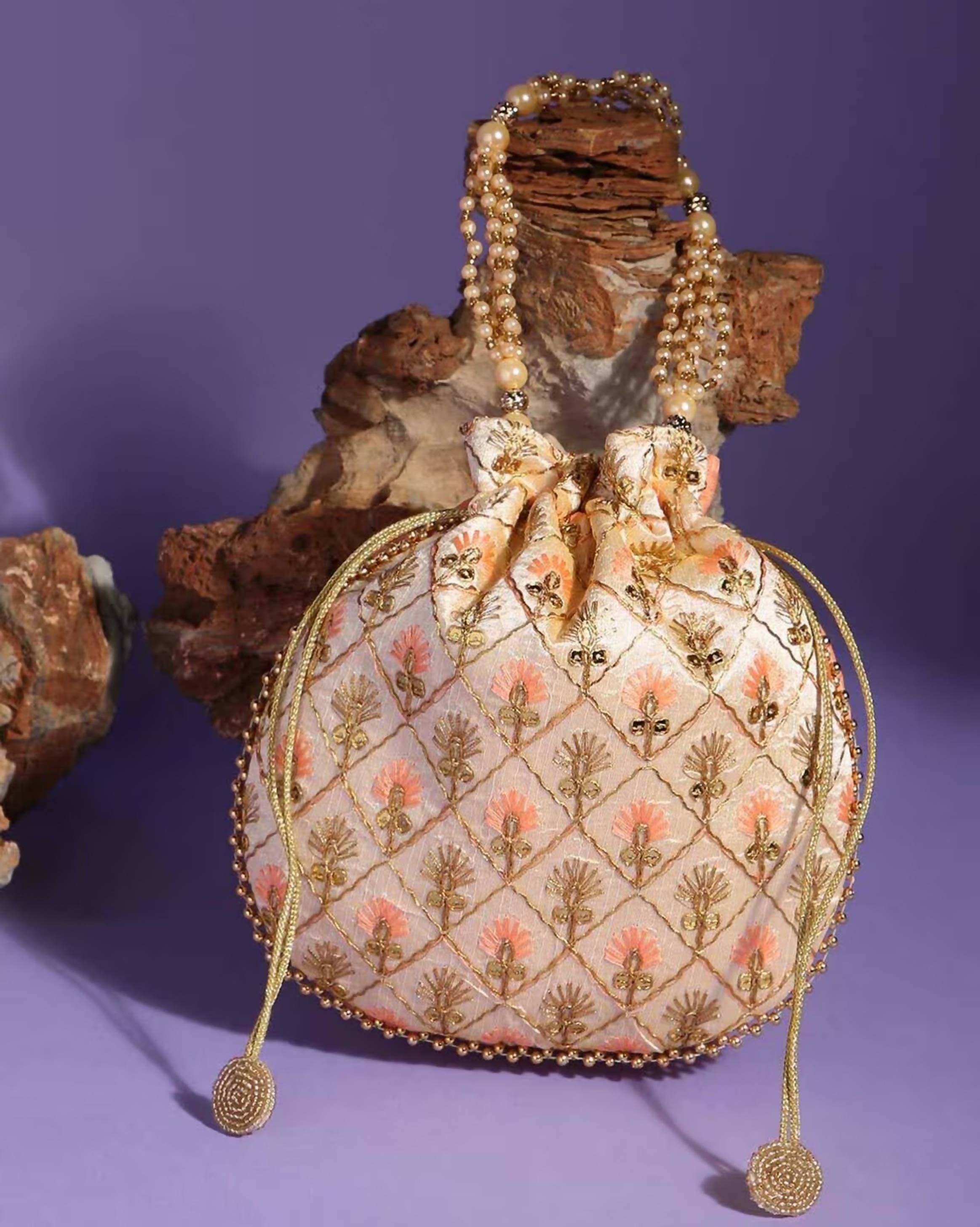 Joban Fashion Embellished Potli Bag - Peach | Grocsy