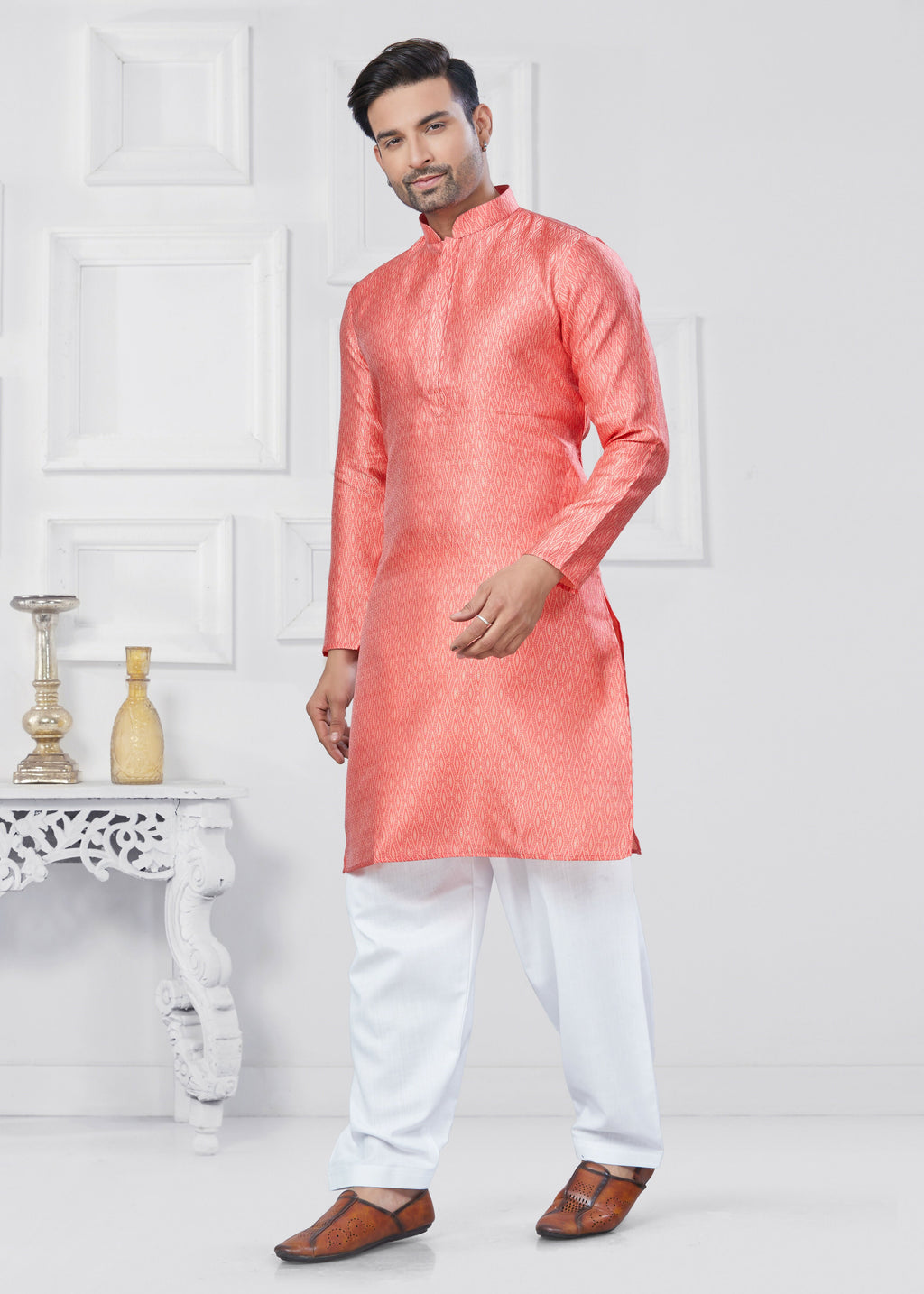 Joban Fashion Men's Jacquard Silk Pink Printed Kurta Pyjama set | Grocsy
