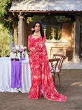 Vastranavya Red Weightless Marble Printed & Pearl Lace Border Saree with Unstitched Blouse | Grocsy