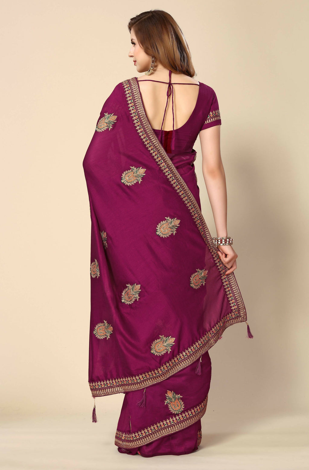 Wine Chinon Embroidered Saree with Unstitched Blouse Piece - Roozal | Grocsy