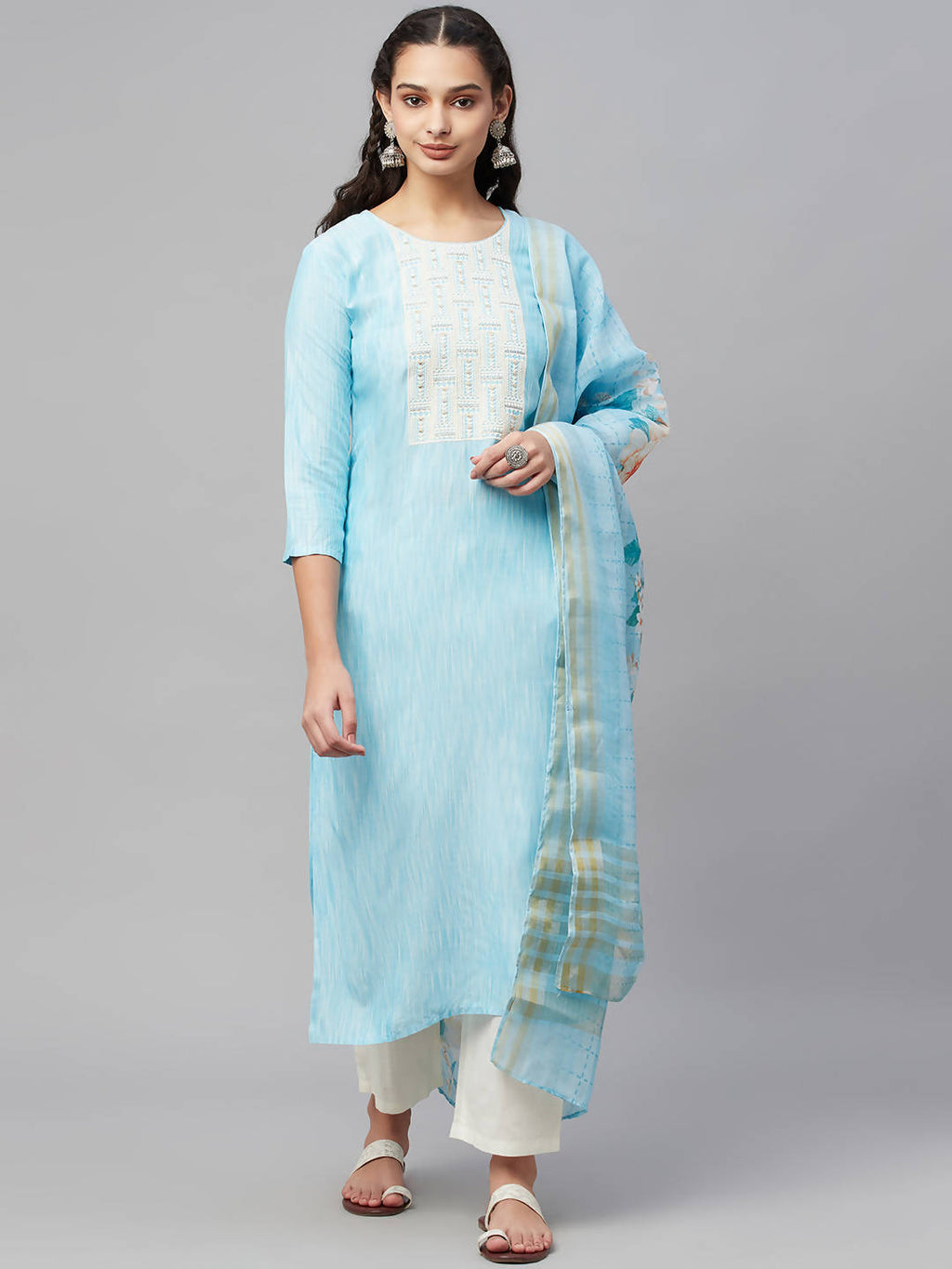 Myshka Turquoise Embroidered 3/4 Sleeve Round Neck Kurta Pant Dupatta Set | Grocsy