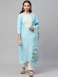 Myshka Turquoise Embroidered 3/4 Sleeve Round Neck Kurta Pant Dupatta Set | Grocsy