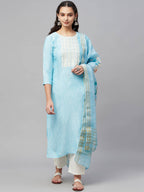 Myshka Turquoise Embroidered 3/4 Sleeve Round Neck Kurta Pant Dupatta Set | Grocsy