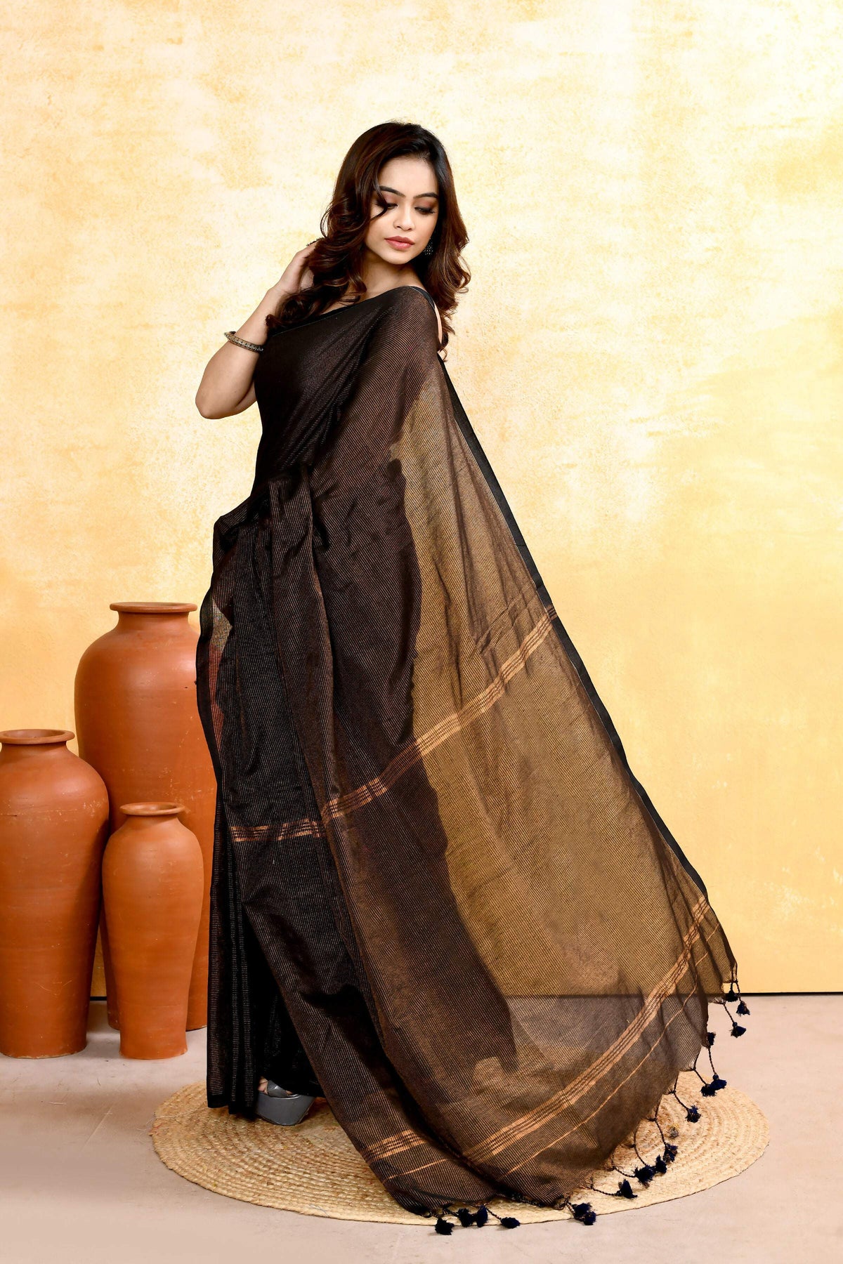 Piyari Fashion Women's Black Embellished Cotton Blend Zari Check Handloom Saree | Grocsy
