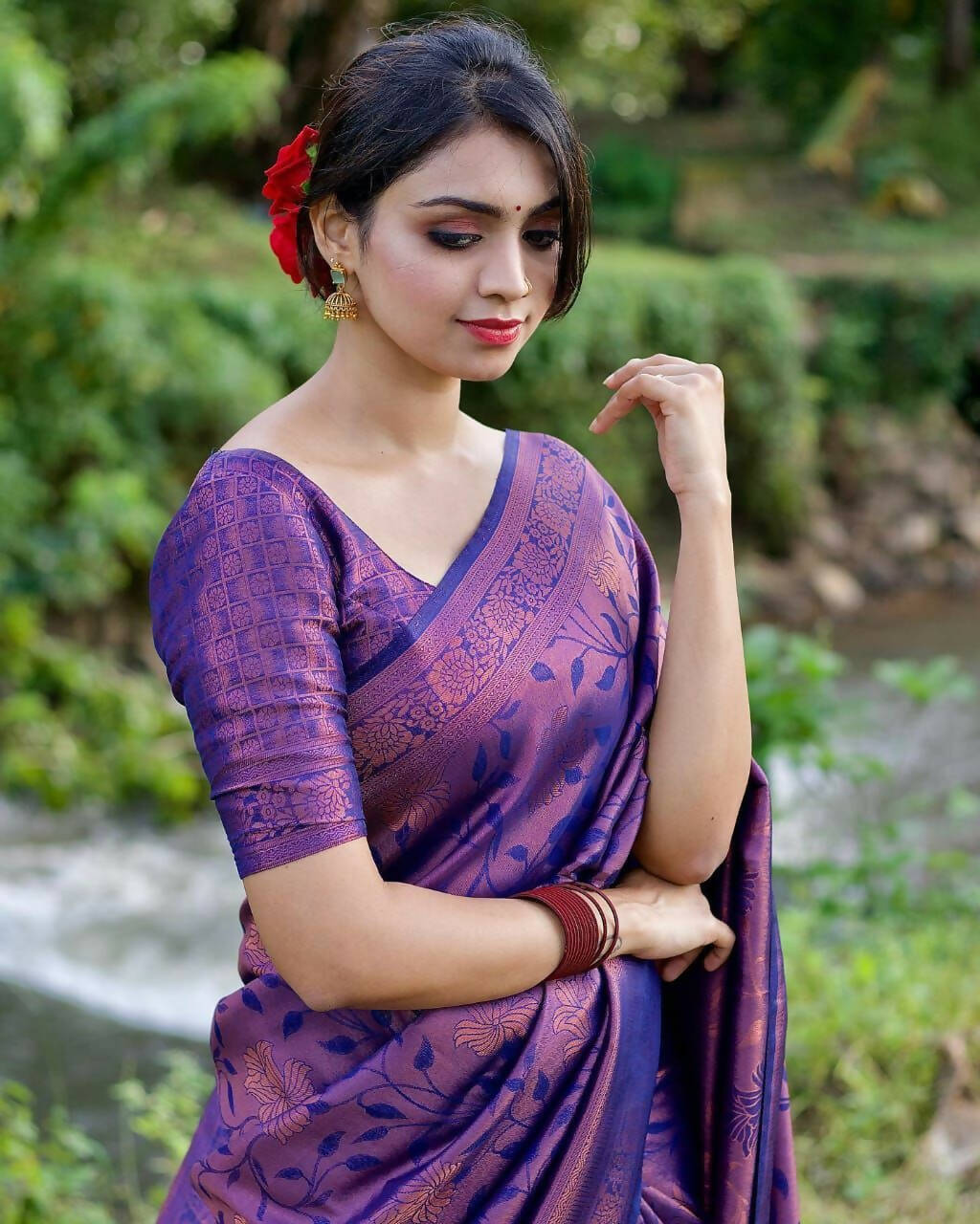 DEIANA'S Beautiful Designer Golden zari Soft Lichi Silk Saree - Purple | Grocsy