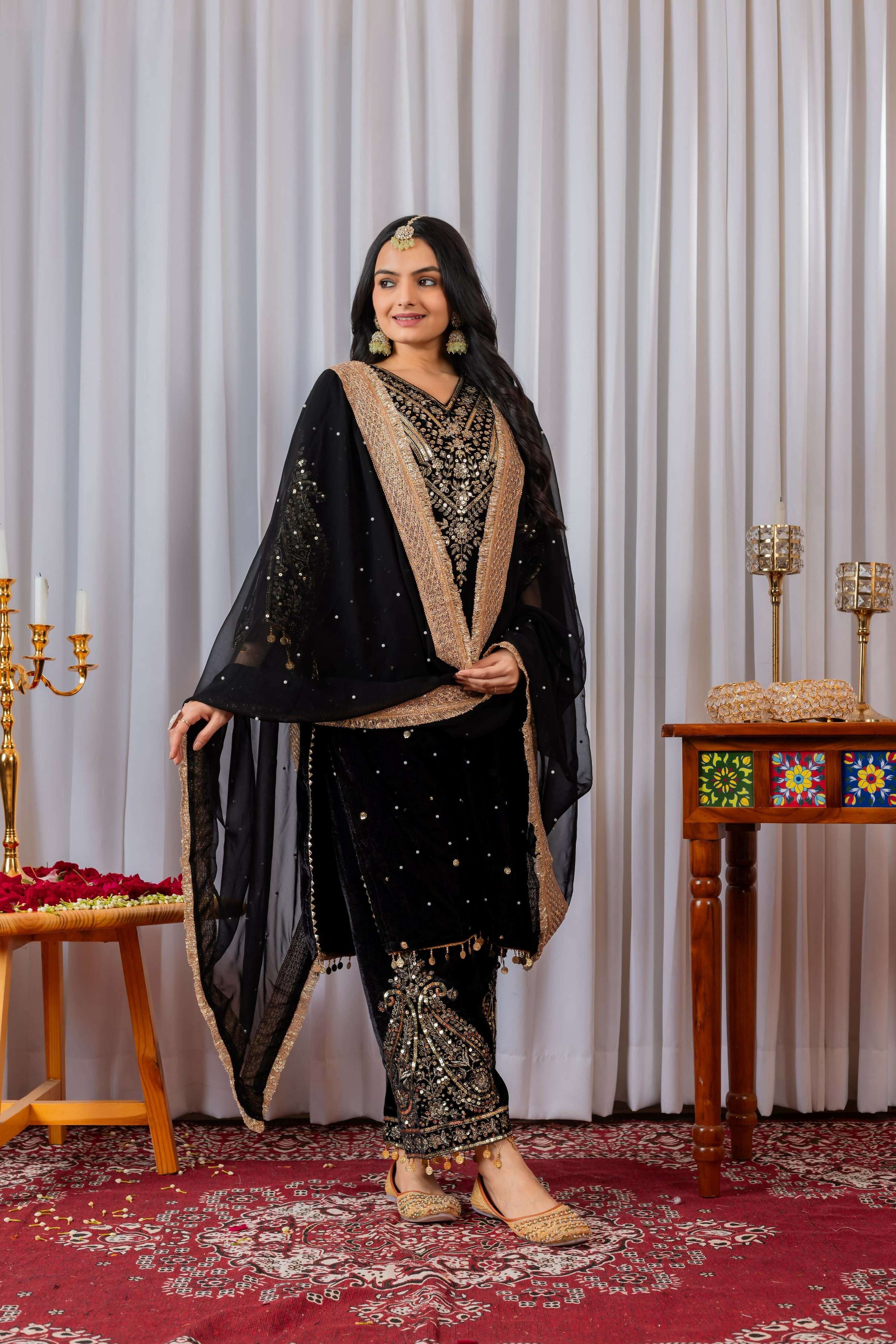 Joban Fashion Black Velvet Embroidery Kurta Set | Grocsy