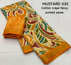 Mustard Cotton Crepe Batik Print Saree with Unstitched Blouse - Hiral Fashion | Grocsy