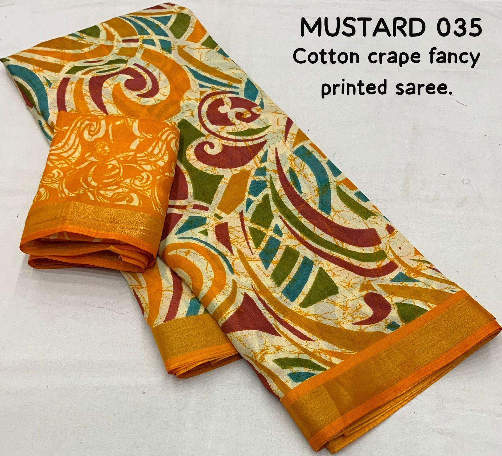Mustard Cotton Crepe Batik Print Saree with Unstitched Blouse - Hiral Fashion | Grocsy