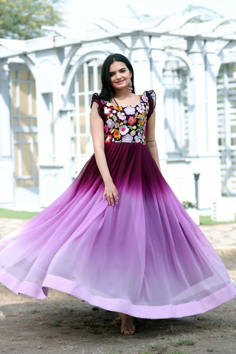 Jyoti Fashion Women's Wine Sequins Embroidery Faux Blooming Anarkali Dress | Grocsy
