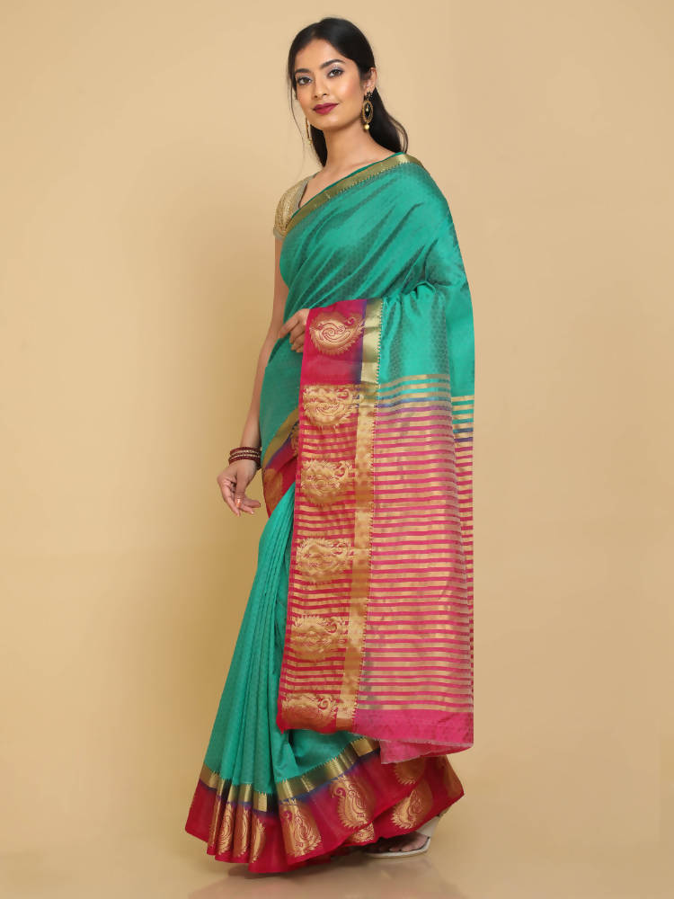Kalamandir Woven Design Green Pashmina Saree | Grocsy