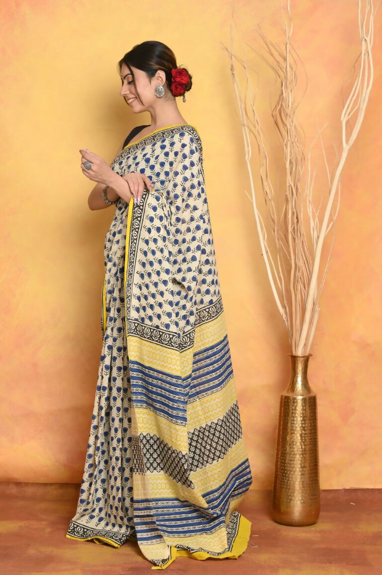 Very Much Indian Handblock Printed Cotton Saree With Natural Dyes - White | Grocsy
