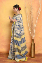 Very Much Indian Handblock Printed Cotton Saree With Natural Dyes - White | Grocsy
