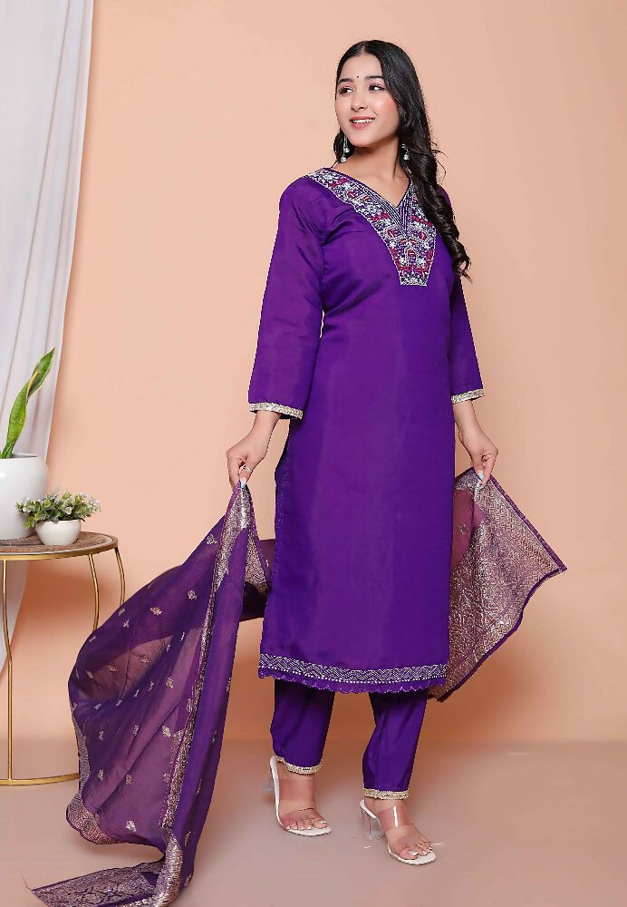 Miravan Womens Purple Muslin Straight Kurta And Palazzo With Dupatta Suit Set | Grocsy