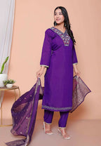 Miravan Womens Purple Muslin Straight Kurta And Palazzo With Dupatta Suit Set | Grocsy