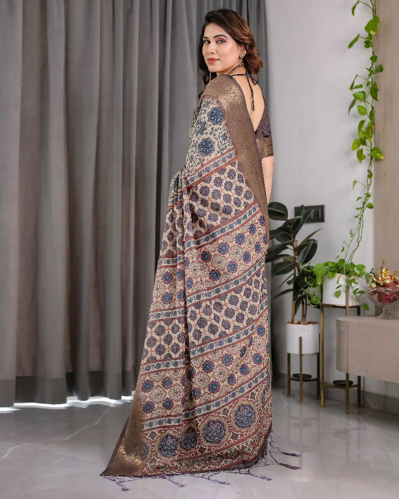 PR Fashion Grey Pure Handloom Linen Saree | Grocsy