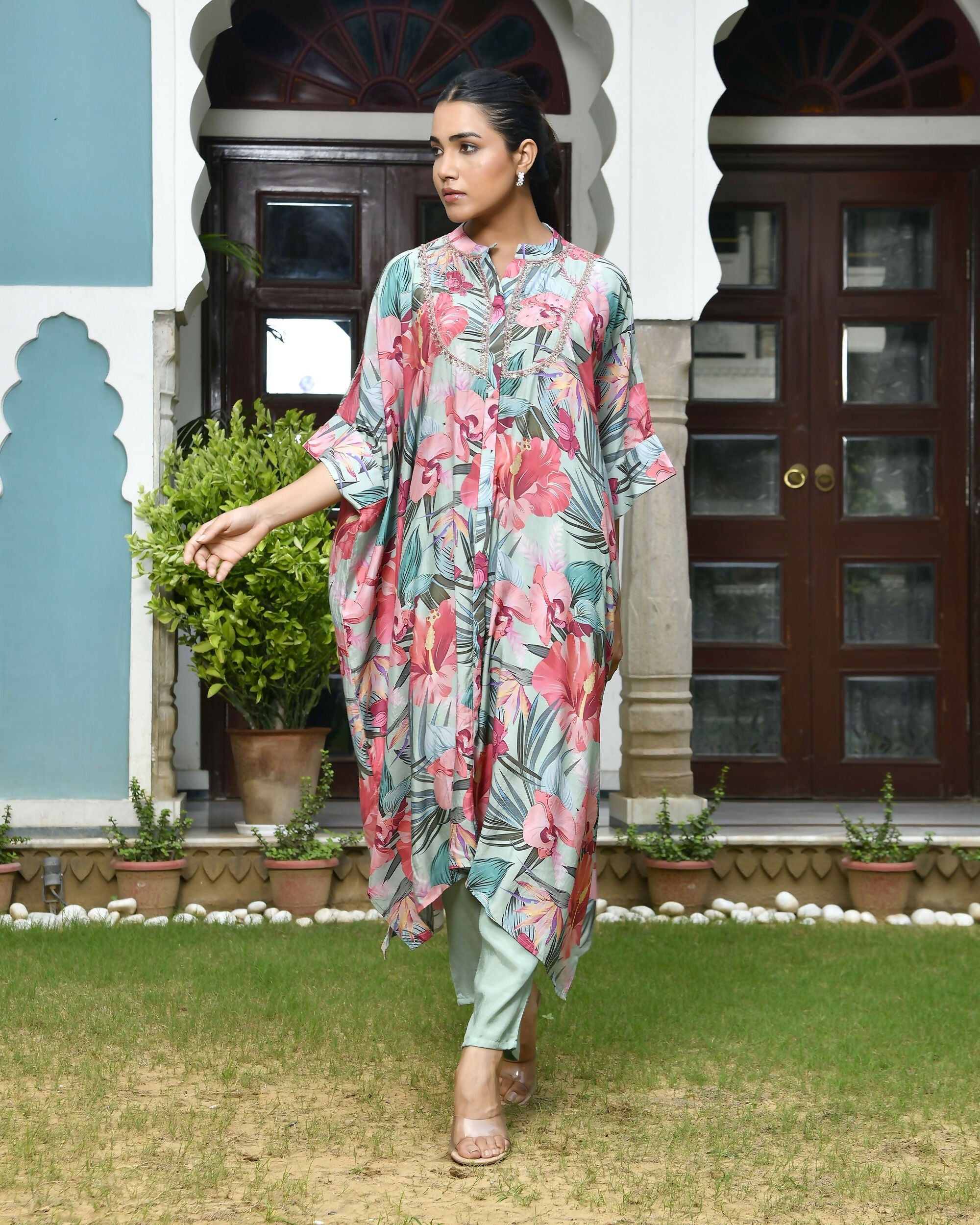 Vaasva Women's Aqua Musline Viscose Digital Printed Kaftan Pant Set | Grocsy