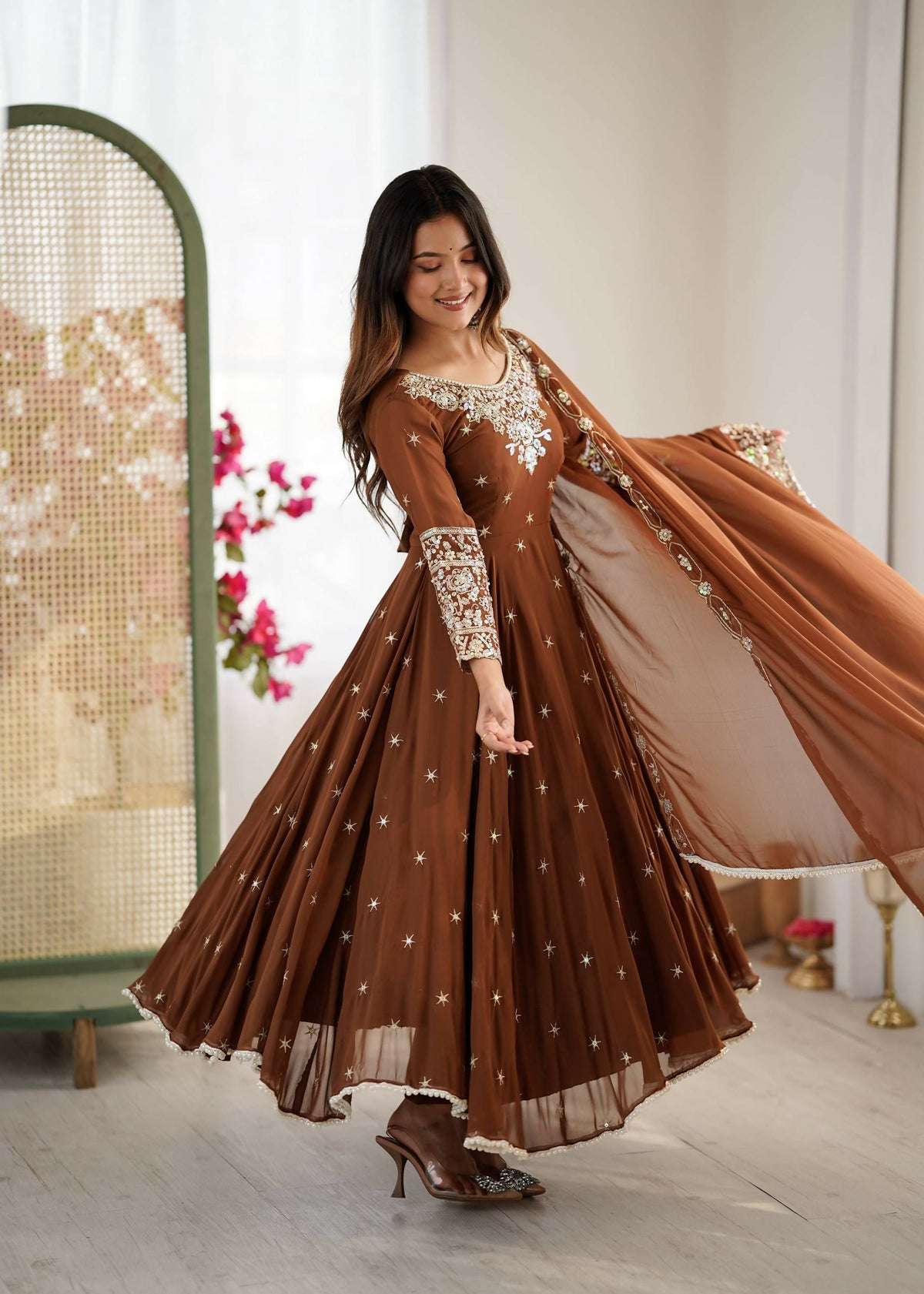 Teeya Creation Browm Color Faux georgette Embroidery Work Wedding Wear Gown | Grocsy