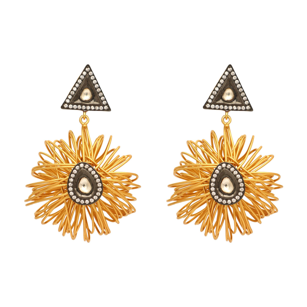 Nuyug 18K Gold-Plated Stones & American Diamond Studded Contemporary Wire Drop Earrings | Grocsy