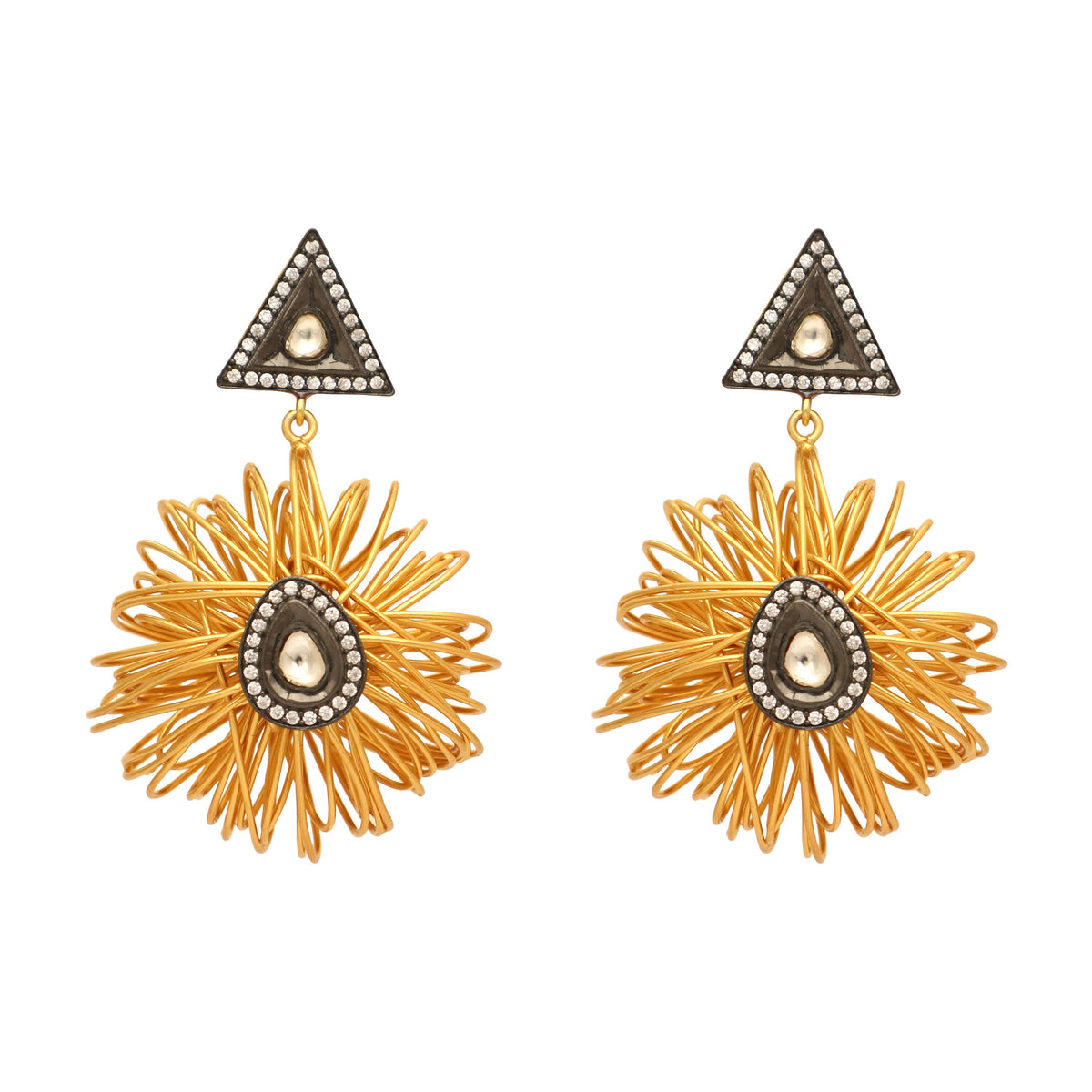 Nuyug 18K Gold-Plated Stones & American Diamond Studded Contemporary Wire Drop Earrings | Grocsy