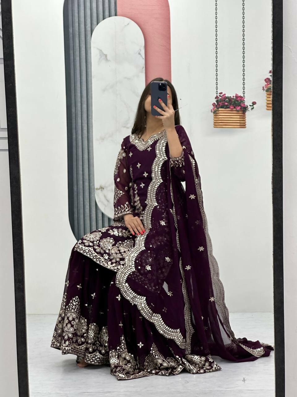 Teeya Creation Womens New Heavy Fox Georgette Fabric With Heavy Embroidery Work Wine Kurta Set | Grocsy
