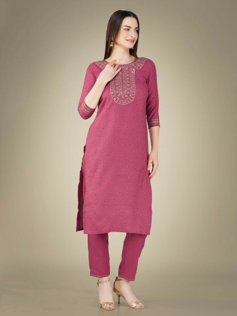 Jyoti Fashion Women's Wine Cotton Magic Slub Embroidery & Sequence work Kurta with Trouser & Dupatta | Grocsy